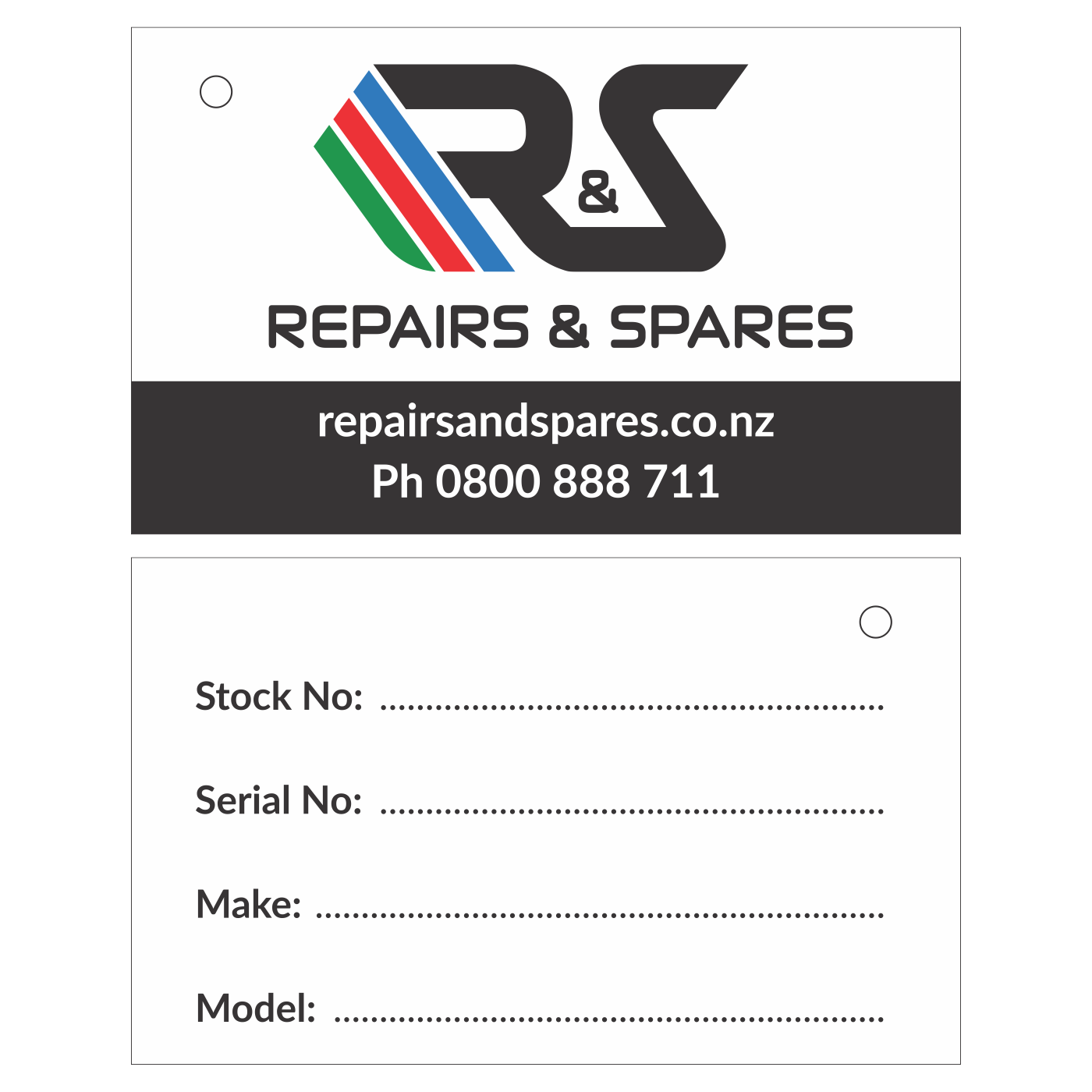 R&S Synthetic Stock Tag 90x55. Hole Punched.