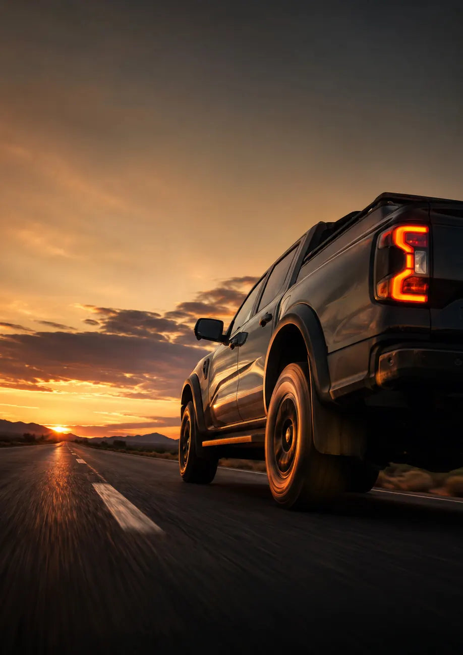 Ute driving down an open road at sunset