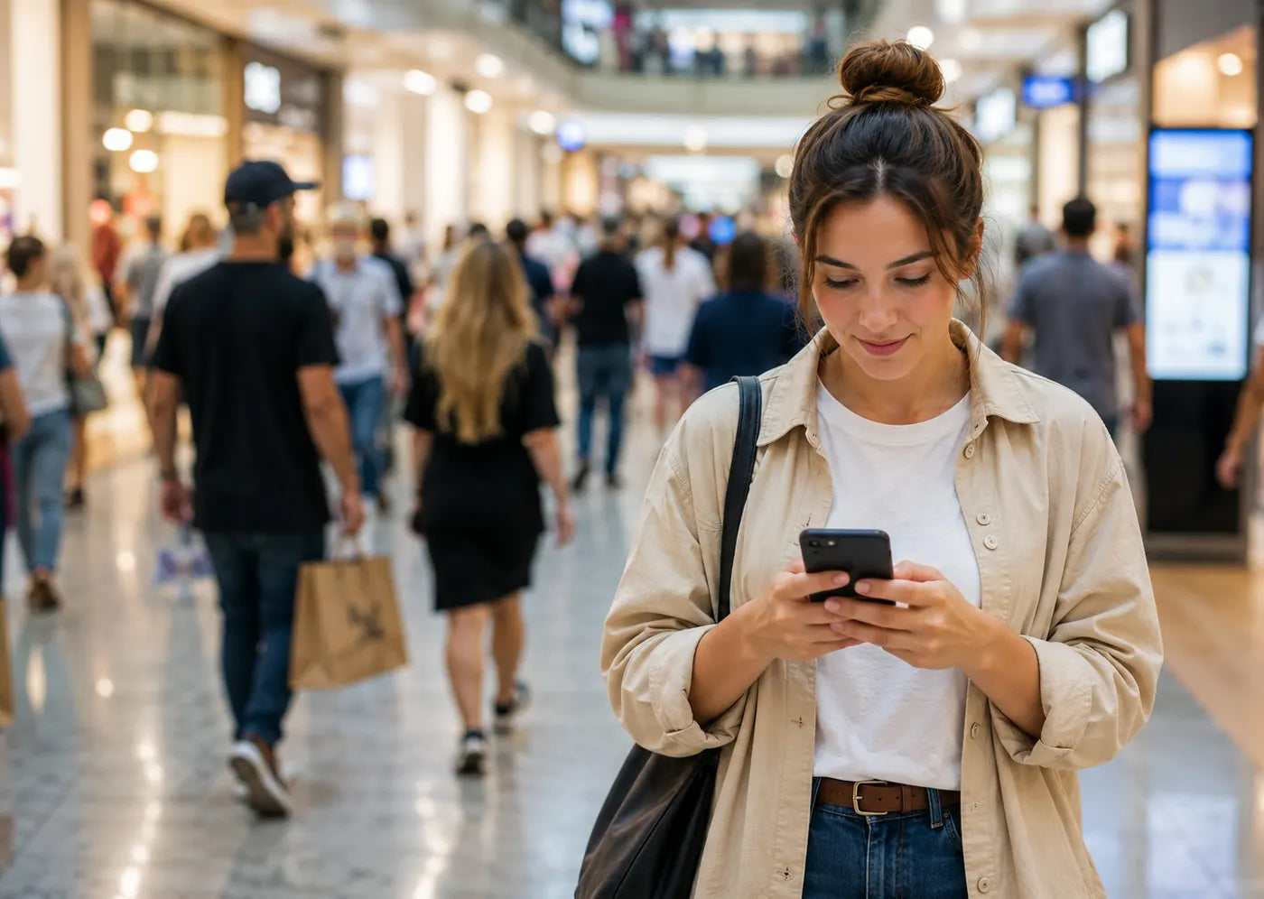 Shopper checking a phone in a busy shopping mall